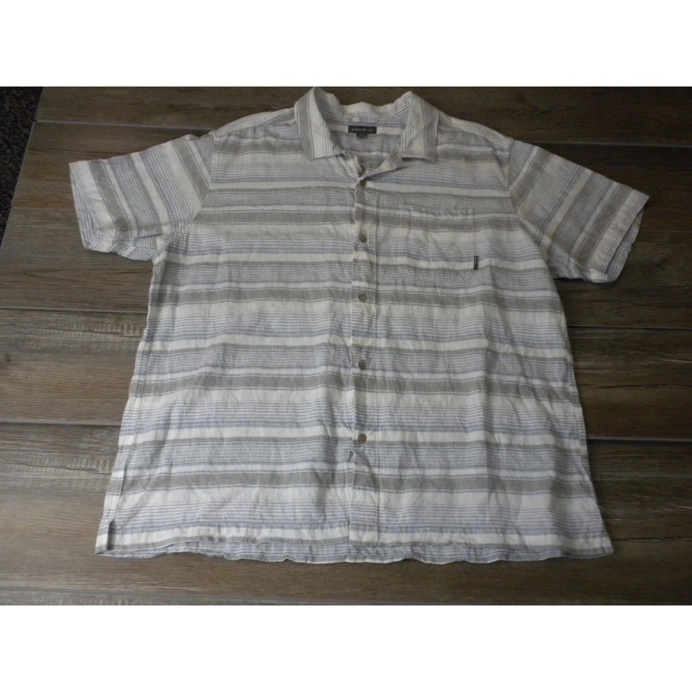 Eddie Bauer Shirt Mens 2XL Blue Gray Linen Blend Button Up‎ Granola Trail Beach